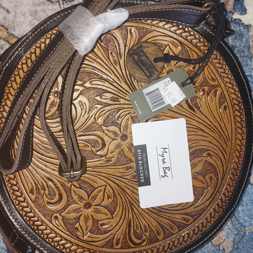 Myra Bag Round Floral Embossed Brown Crossbody